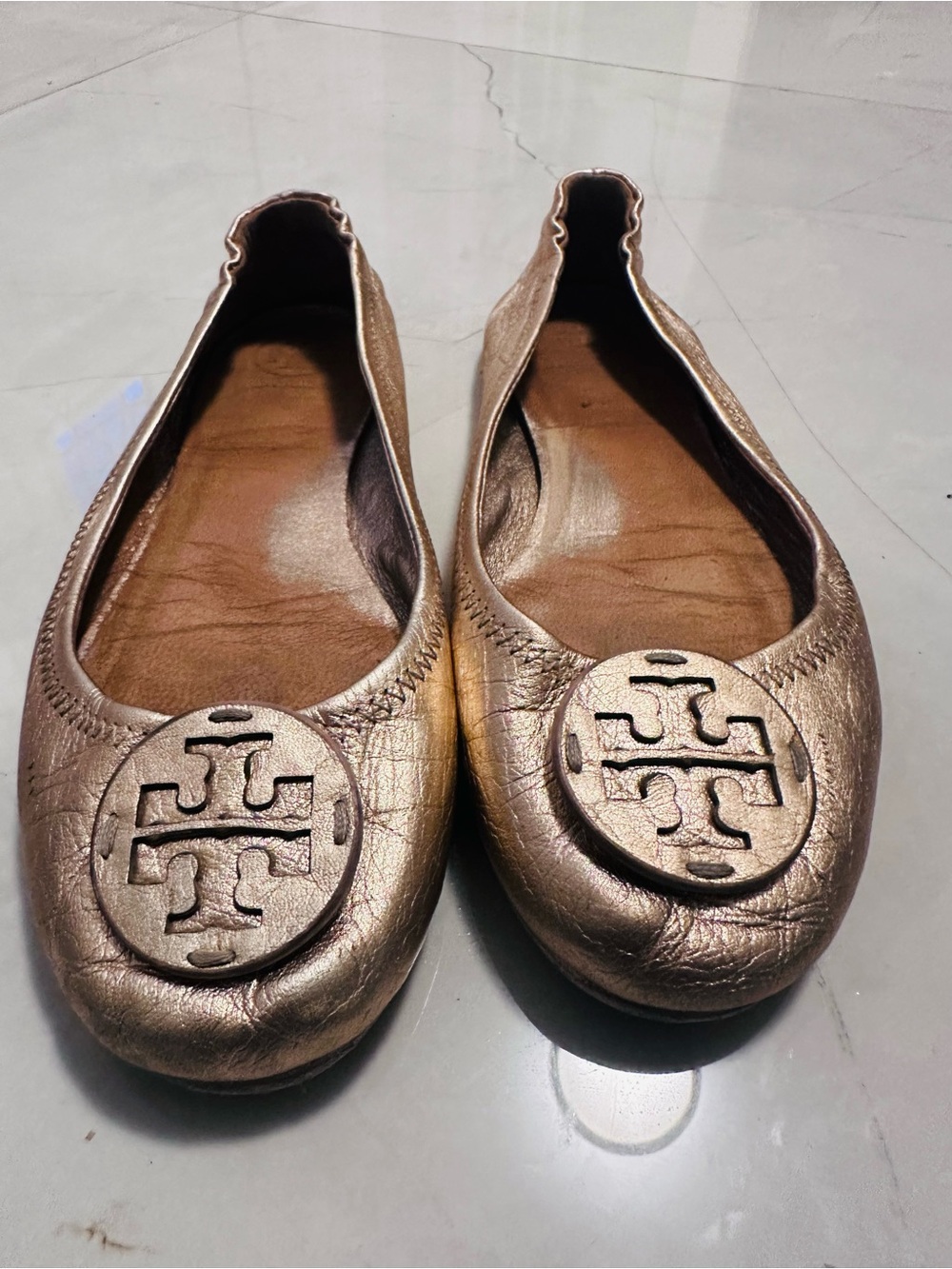 Tory Burch Rose Gold Logo Leather Ballet Flats